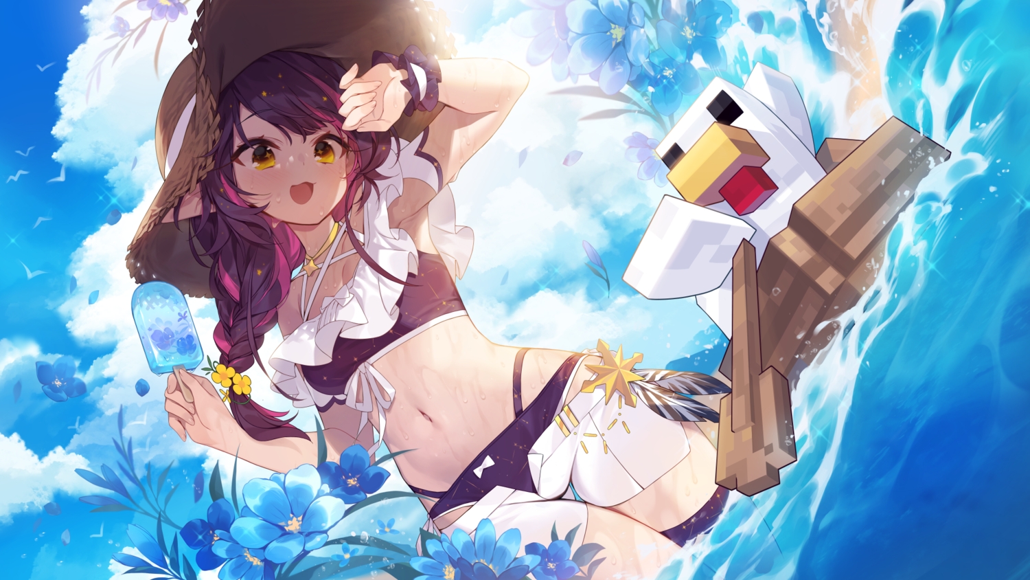 animal, bikini, bird, braids, cat_smile, choker, clouds, food, hat, long_hair, minecraft, penelope_wiseman, pointed_ears, ponytail, popsicle, purple_hair, sankyaku_tako, shorts, sky, swimsuit, v&u_entertainment, water, wristwear, yellow_eyes