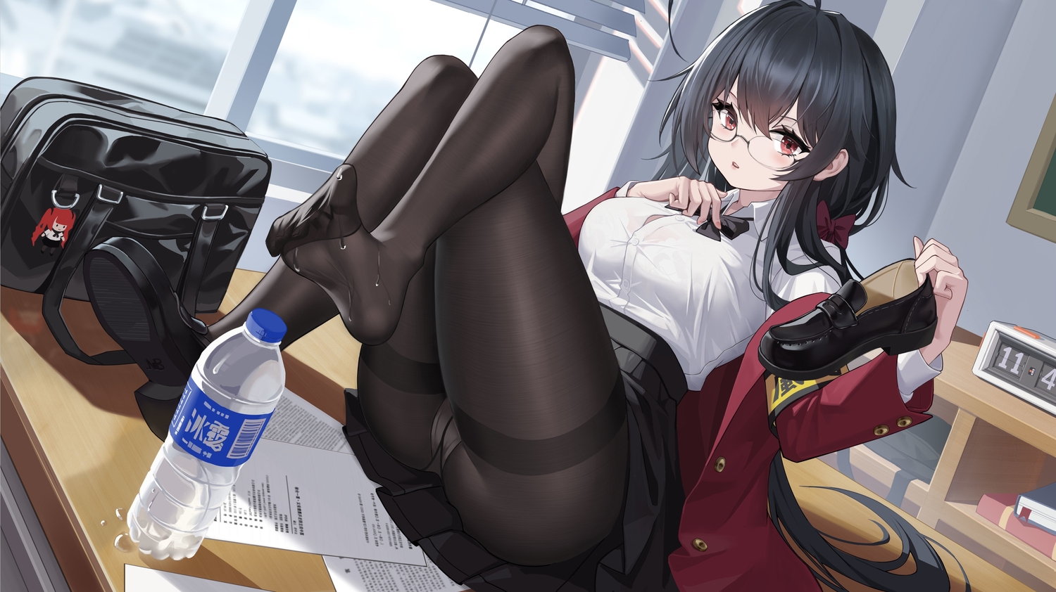 anthropomorphism, azur_lane, black_hair, blush, bow, drink, glasses, long_hair, panties, pantyhose, qianqiu_wanxia, red_eyes, school_uniform, shirt, skirt, taihou_(azur_lane), underwear, upskirt, wet