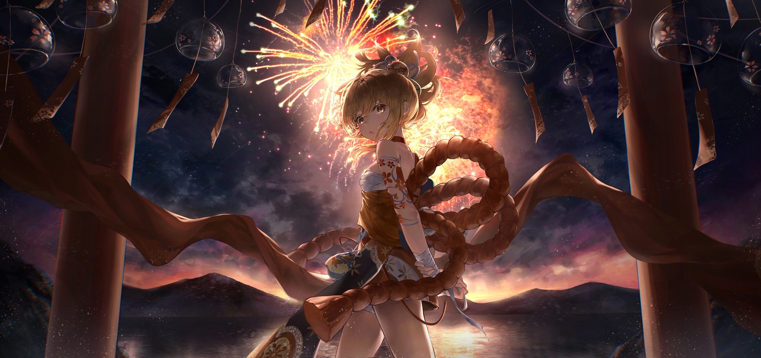 bandage, blonde_hair, clouds, fireworks, genshin_impact, japanese_clothes, night, rope, sarashi, sky, tattoo, torii, underwear, water, yellow_eyes, yoimiya_(genshin_impact), zeklewa
