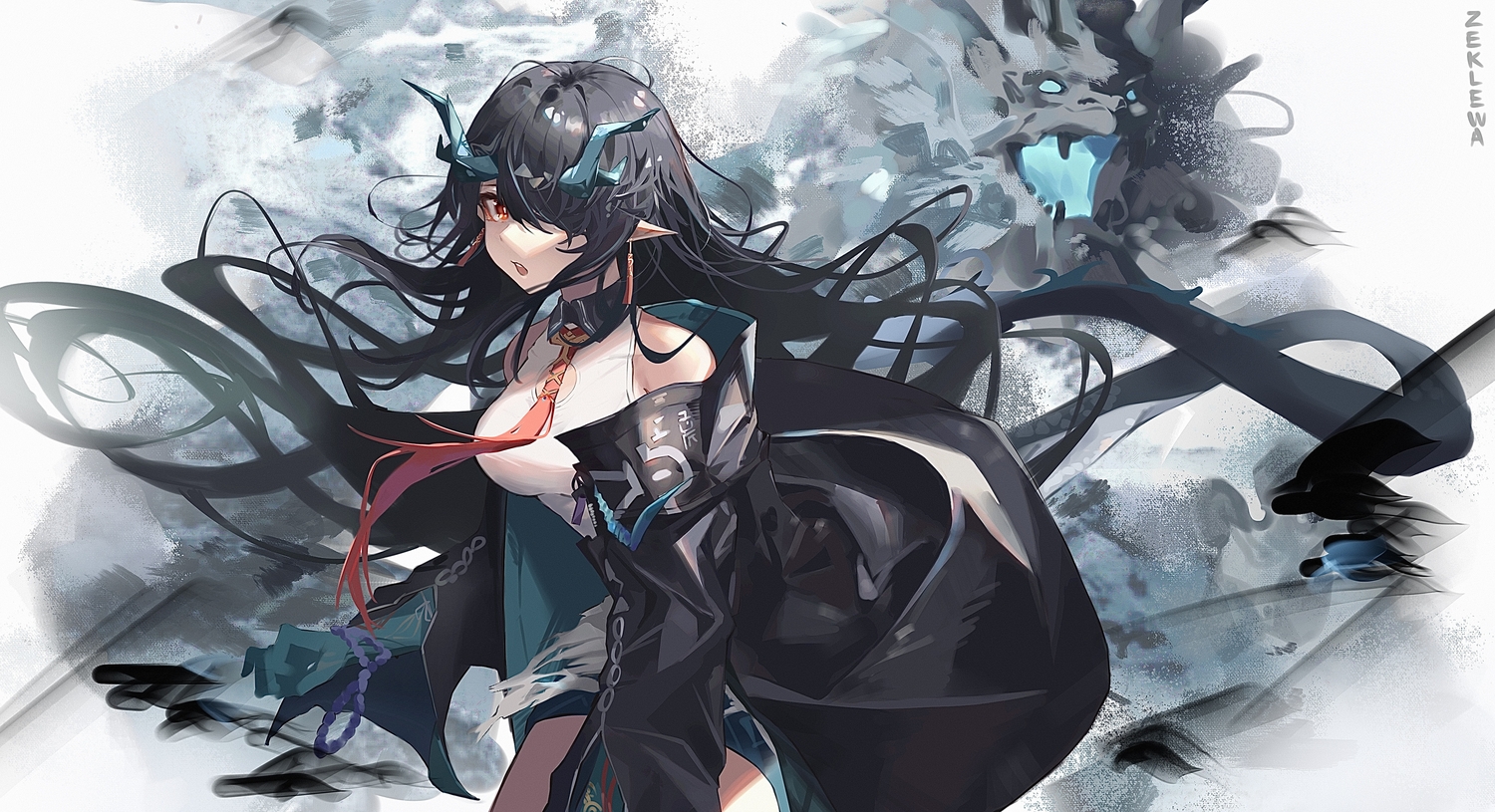 arknights, black_hair, dusk_(arknights), horns, long_hair, open_shirt, orange_eyes, pointed_ears, signed, tail, tie, zeklewa