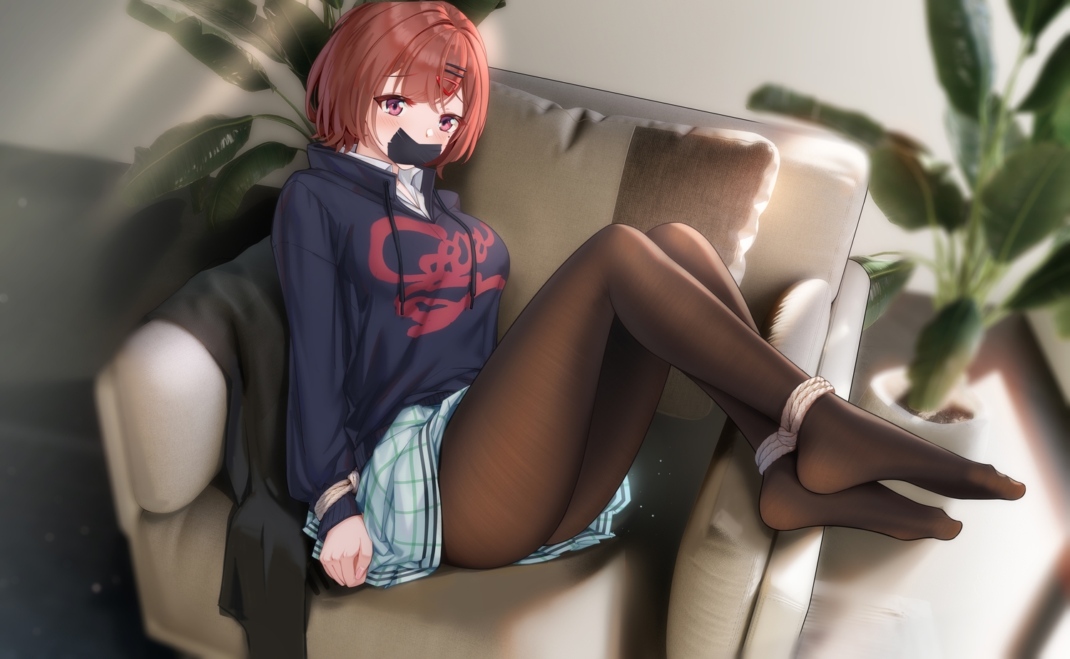 bondage, higuchi_madoka, hong_bai, idolmaster, idolmaster_shiny_colors, pantyhose, rope, short_hair