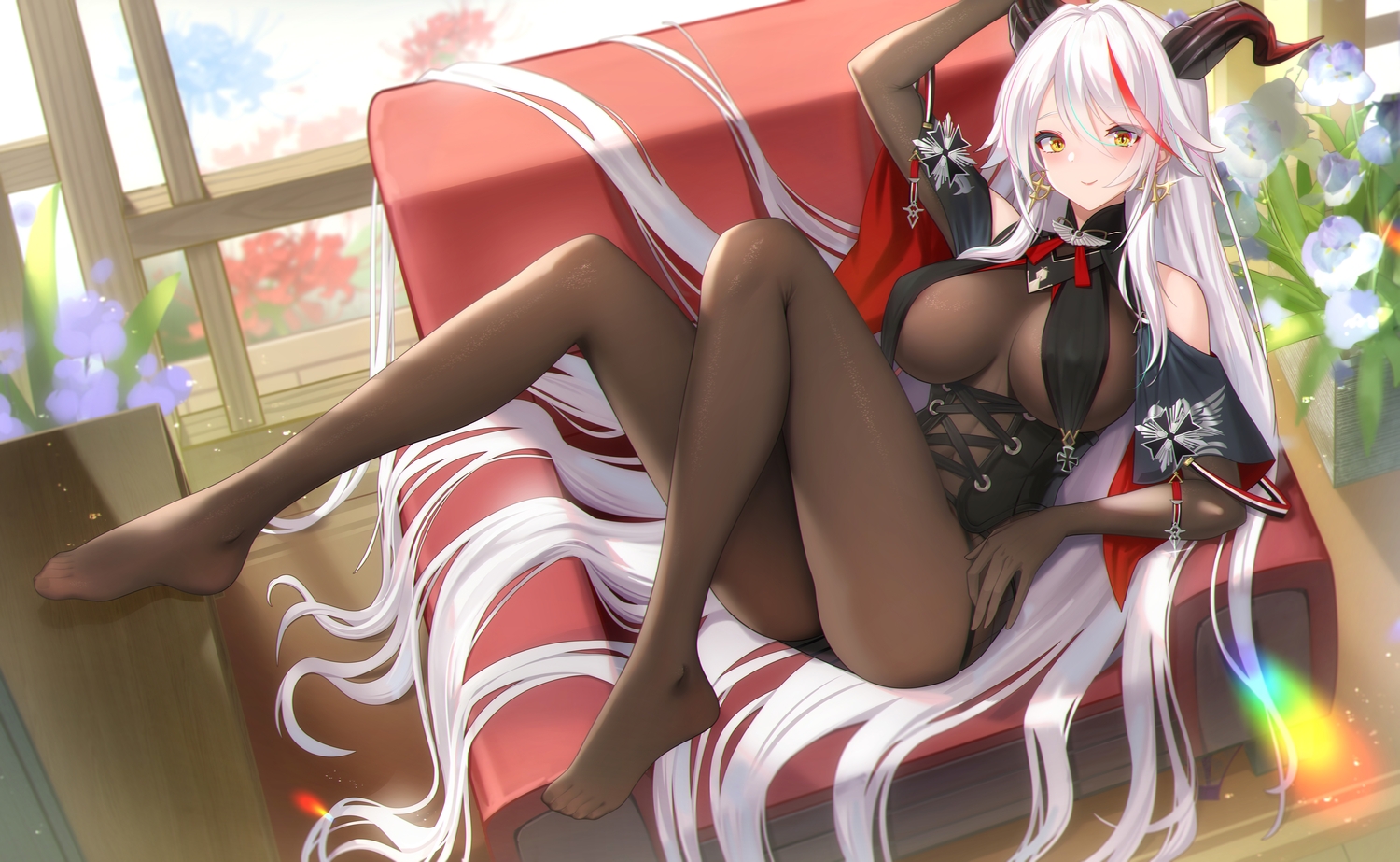 aegir_(azur_lane), anthropomorphism, azur_lane, breasts, elbow_gloves, flowers, gloves, hong_bai, horns, long_hair, pantyhose, white_hair, yellow_eyes