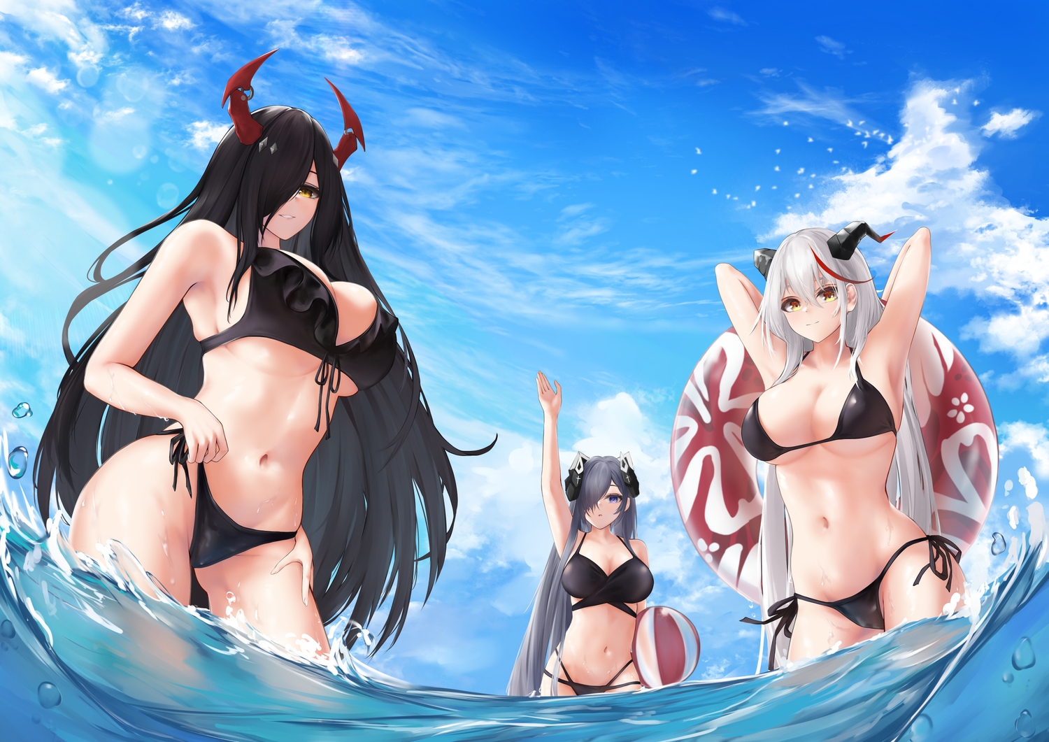 aegir_(azur_lane), aliasing, anthropomorphism, august_von_parseval_(azur_lane), azur_lane, ball, bikini, cameltoe, clouds, friedrich_der_grosse_(azur_lane), horns, long_hair, sky, swimsuit, turboflower, water