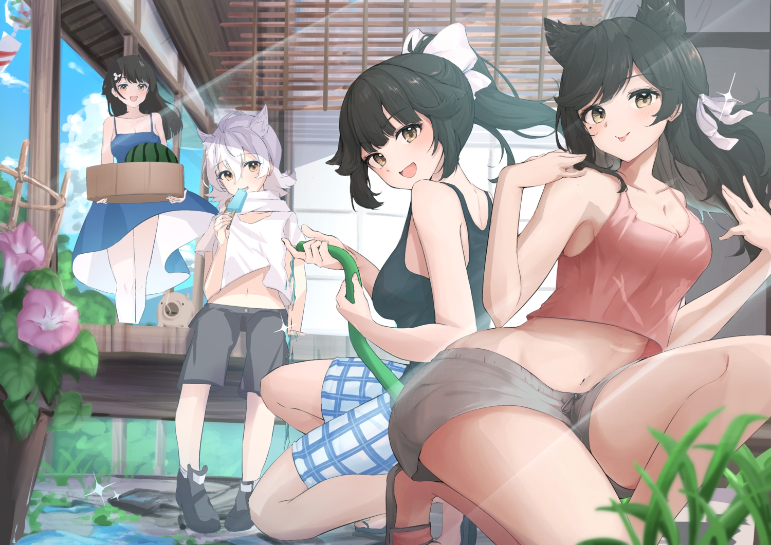 aliasing, animal_ears, anthropomorphism, atago_(azur_lane), azur_lane, black_hair, blush, bow, breasts, brown_eyes, building, choukai_(azur_lane), cleavage, clouds, doggirl, dress, flowers, food, fruit, grass, group, long_hair, maya_(azur_lane), navel, ponytail, popsicle, ribbons, scarf, short_hair, shorts, sky, soyoghi, summer, summer_dress, takao_(azur_lane), water, watermelon, white_hair