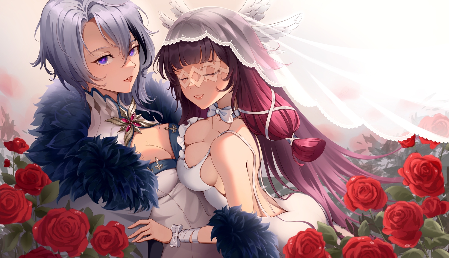 2girls, arlecchino_(genshin_impact), breasts, cleavage, columbina_(genshin_impact), dress, flowers, genshin_impact
