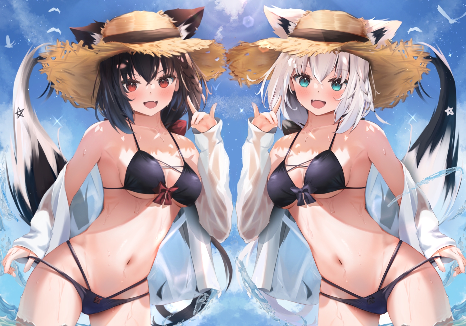 2girls, animal_ears, bikini, black_hair, blue_eyes, breasts, cleavage, fang, foxgirl, hat, hololive, kurokami_fubuki, navel, open_shirt, red_eyes, shirakami_fubuki, swimsuit, tail, uechin_ewokaku, water, wet, white_hair