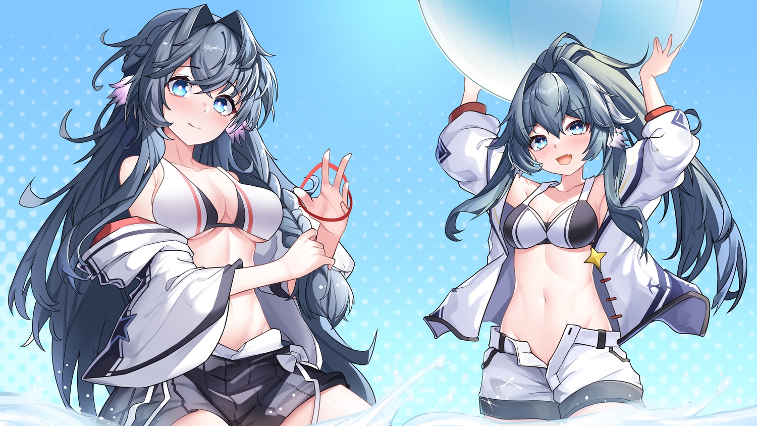 2girls, arknights, astesia_(arknights), astgenne_(arknights), ball, bikini, black_hair, blue_eyes, ddddecade, long_hair, navel, shorts, swimsuit, water