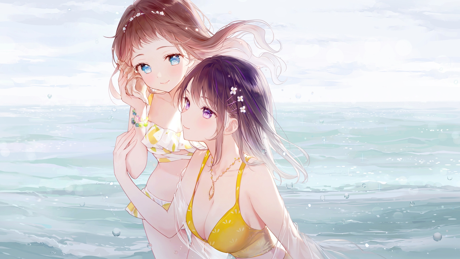 2girls, bikini, blue_eyes, brown_hair, gomzi, long_hair, original, purple_eyes, swimsuit, water