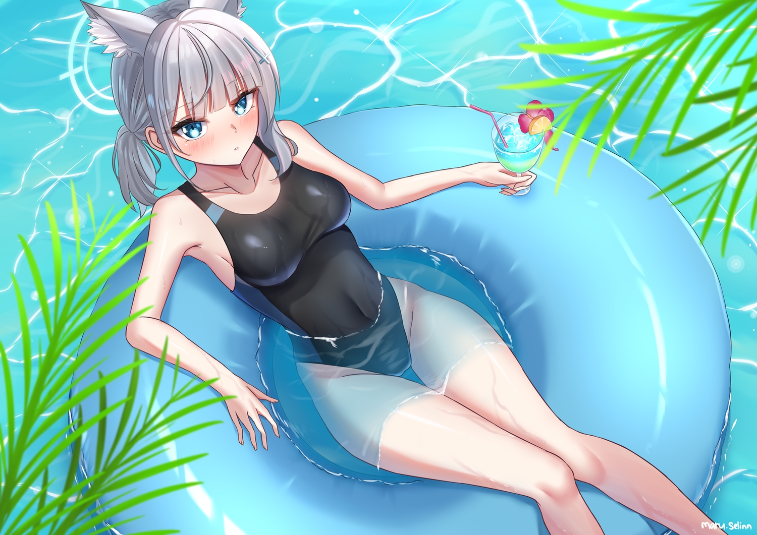 animal_ears, aqua_eyes, blue_archive, blush, gray_hair, long_hair, maru.selinn, ponytail, signed, sunaookami_shiroko, swim_ring, swimsuit, water, wolfgirl
