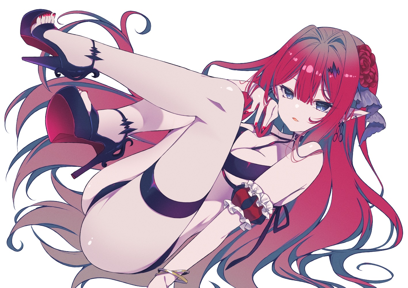 baobhan_sith_(fate), bikini, black_eyes, breasts, cleavage, fate/grand_order, fate_(series), garter, ko_yu, long_hair, pointed_ears, red_hair, ribbons, swimsuit, white, wristwear