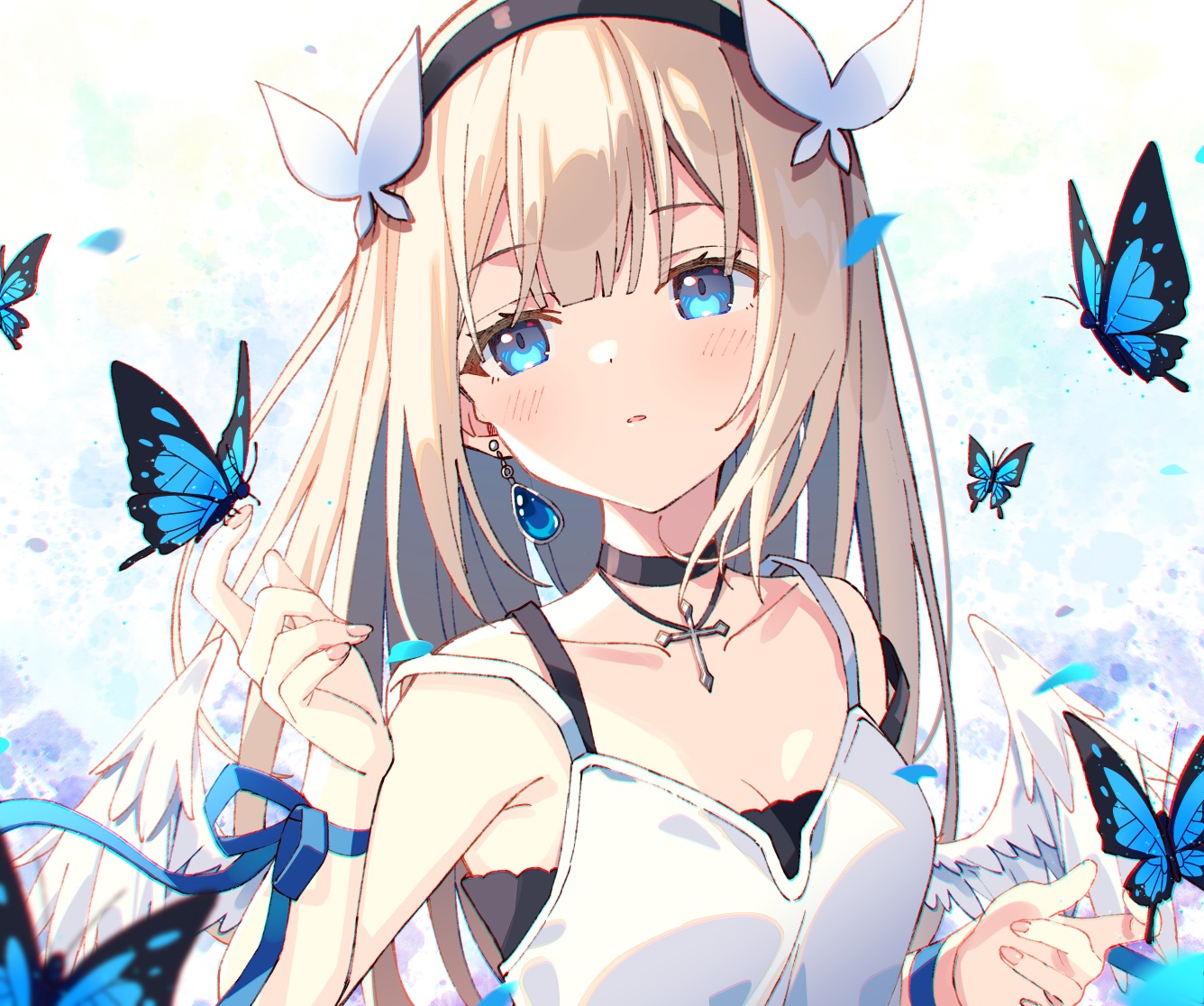 aqua_eyes, blonde_hair, blush, breasts, butterfly, choker, cleavage, close, cropped, cross, headband, long_hair, necklace, original, petals, ribbons, wings, wristwear, zoirun