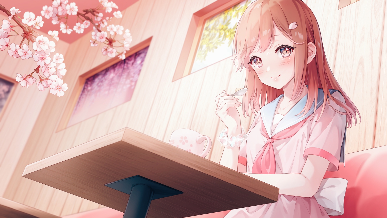 aoi_yuki, blush, bow, brown_eyes, brown_hair, cherry_blossoms, dress, drink