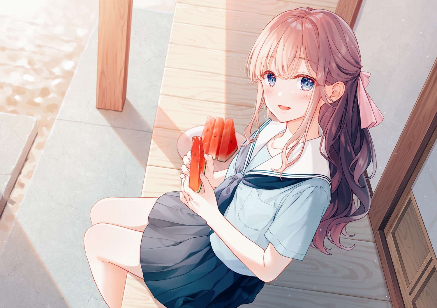 aoi_yuki, blue_eyes, bow, brown_hair, building, food, fruit, long_hair, original, school_uniform, skirt, watermelon
