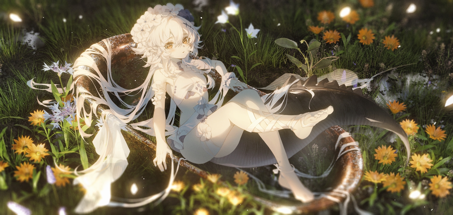 arknights, bandage, barefoot, bath, bathtub, brown_eyes, dress, flowers, garter, grass, headdress, long_hair, pointed_ears, tail, tomimi_(arknights), tuzhate, white_hair, wristwear