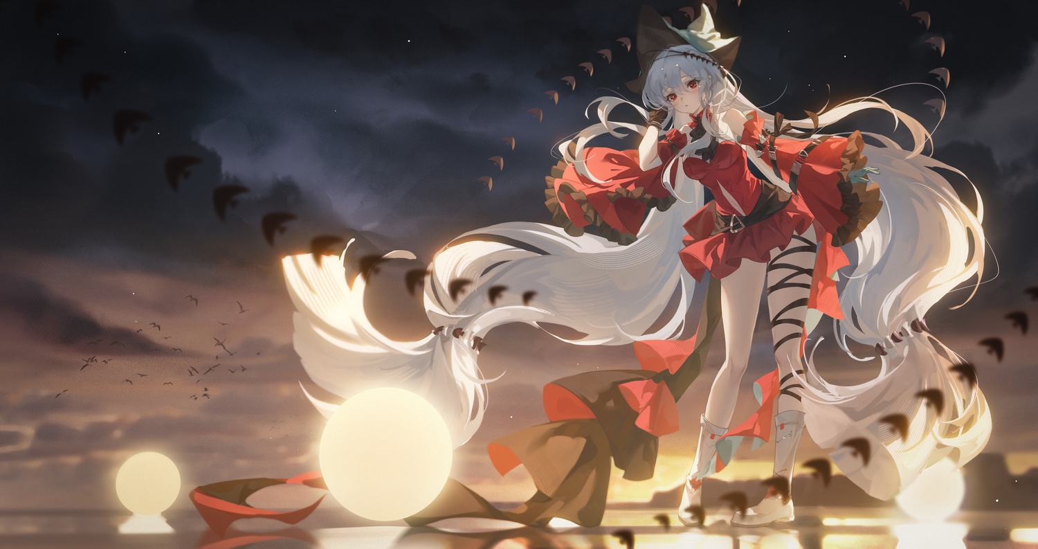 animal, arknights, bird, boots, clouds, dress, gloves, hat