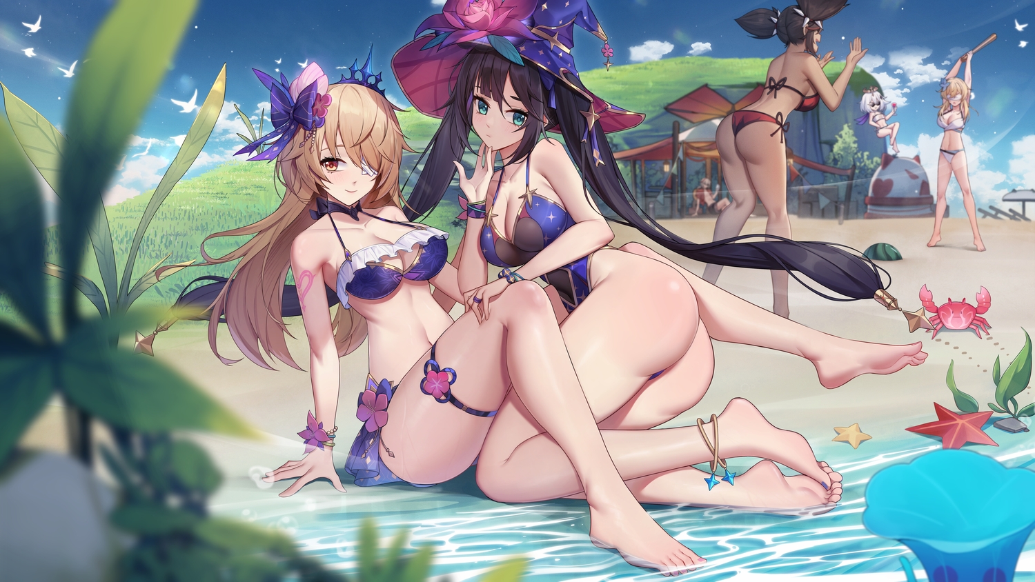 animal, ass, barefoot, bikini, black_hair, blonde_hair, breasts, cleavage