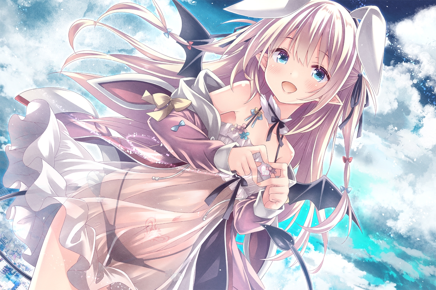 animal_ears, aqua_eyes, blonde_hair, blush, bunny_ears, bunnygirl, clouds, demon
