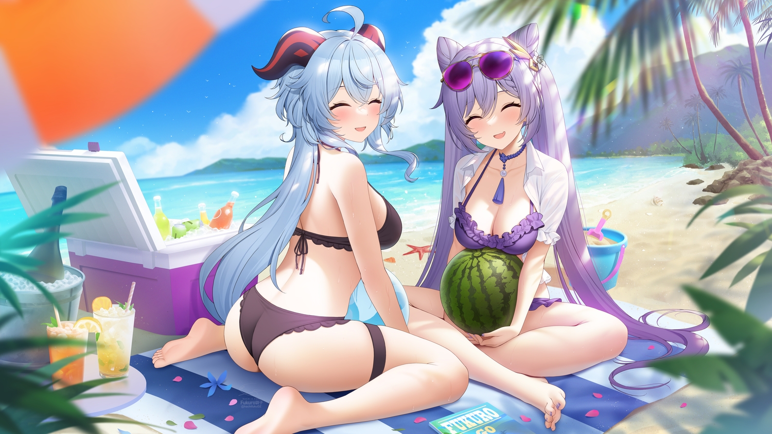 2girls, ass, barefoot, beach, bikini, blue_hair, drink, food