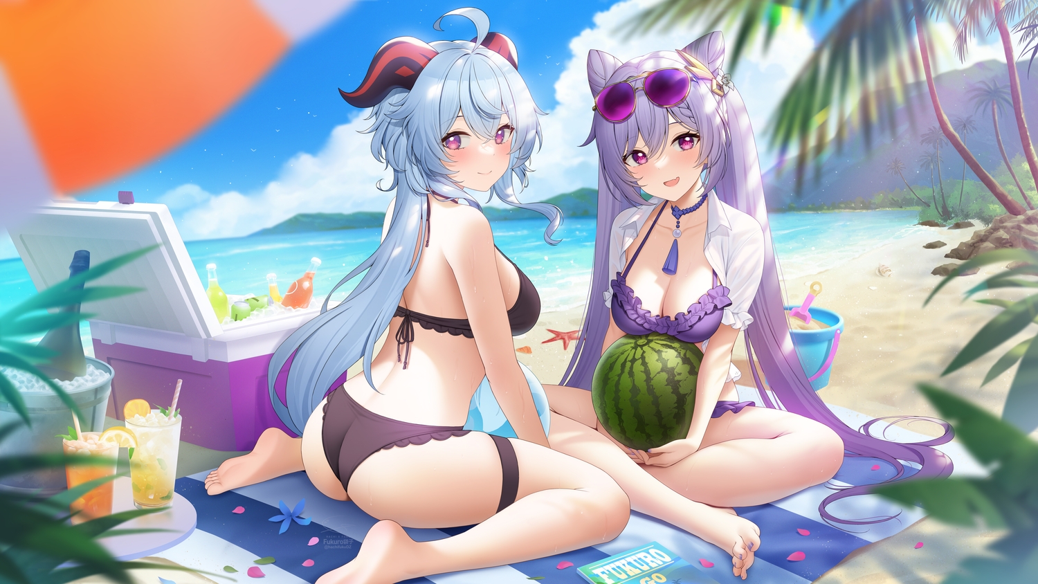 2girls, ass, beach, bikini, drink, food, fruit, fukuro_ko_(greentea), ganyu_(genshin_impact), genshin_impact, horns, keqing_(genshin_impact), long_hair, swimsuit, watermelon