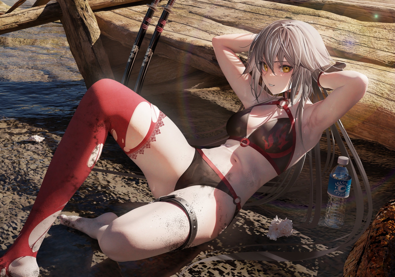 3d, bikini, fate/grand_order, fate_(series), garter, jeanne_d'arc_alter, jeanne_d'arc_(fate), nanaken_nana, swimsuit, thighhighs, torn_clothes, white_hair, yellow_eyes