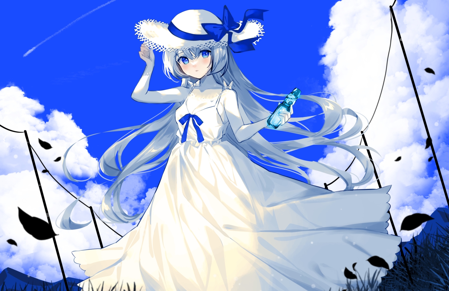 blue_eyes, bow, clouds, dress, drink, grass, gray_hair, hat
