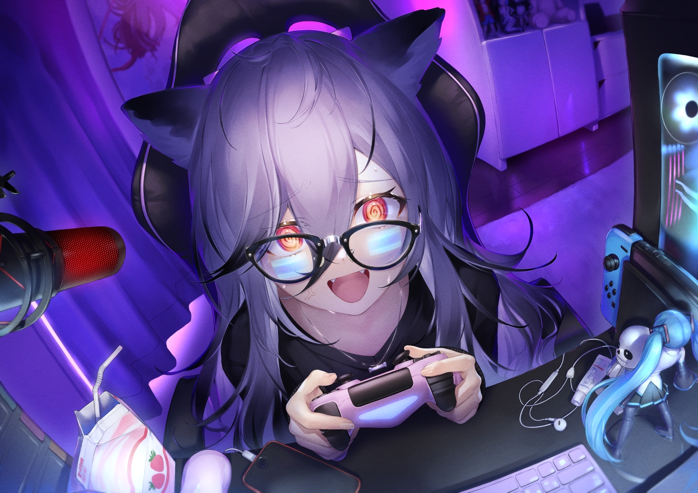 animal_ears, ayanami_rei, close, computer, dabuki, dark, drink, fang, game_console, glasses, gray_hair, hatsune_miku, headphones, long_hair, maid, microphone, monkey_d_luffy, necklace, neon_genesis_evangelion, one_piece, orange_eyes, original, phone, reflection, rem_(re:zero), re:zero_kara_hajimeru_isekai_seikatsu, sans_(undertale), shirt, undertale, vocaloid, wolfgirl
