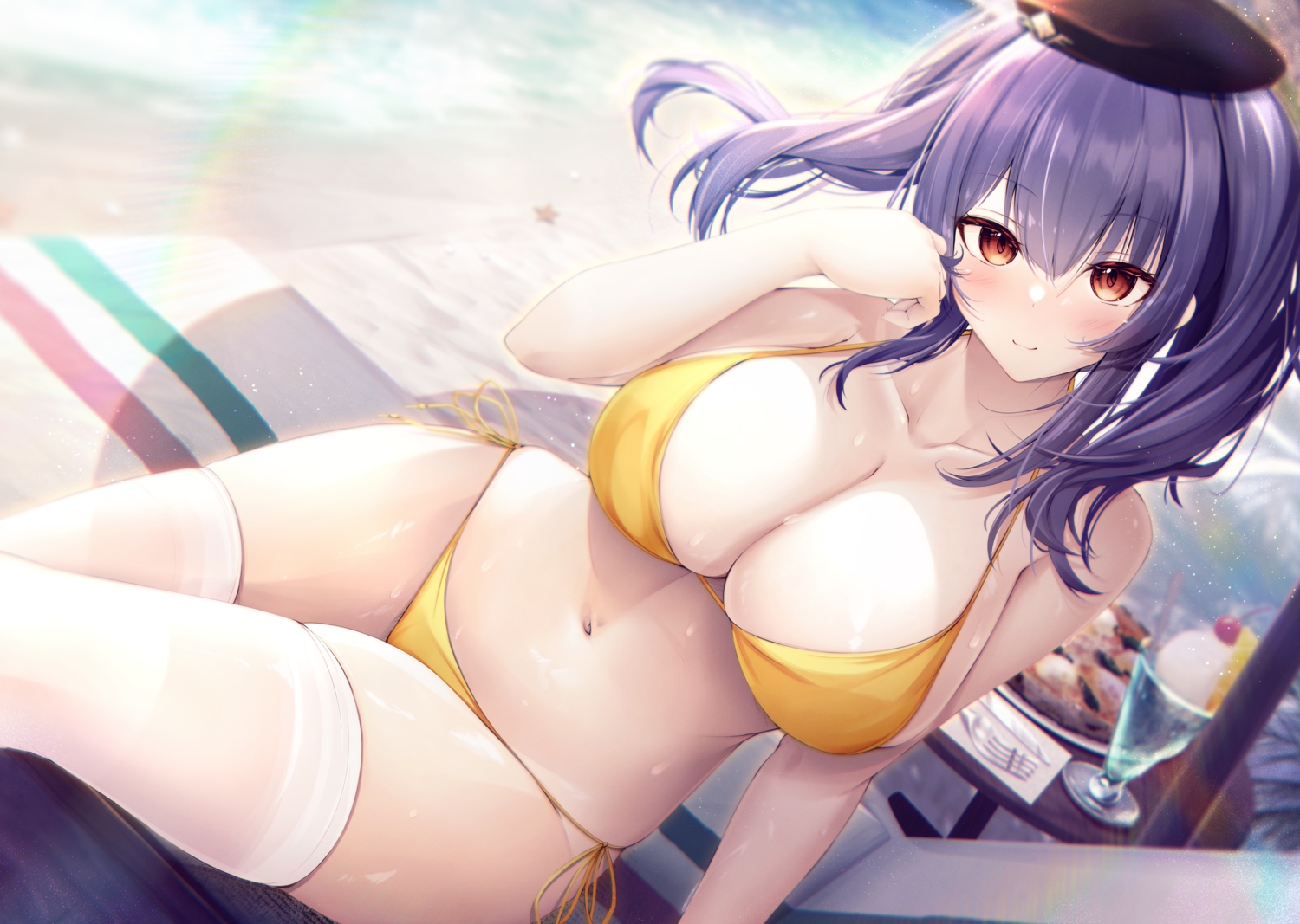 anthropomorphism, azur_lane, beach, bikini, food, hat, hukairi_botan, ice_cream, long_hair, navel, pola_(azur_lane), purple_hair, red_eyes, swimsuit, thighhighs, twintails, water
