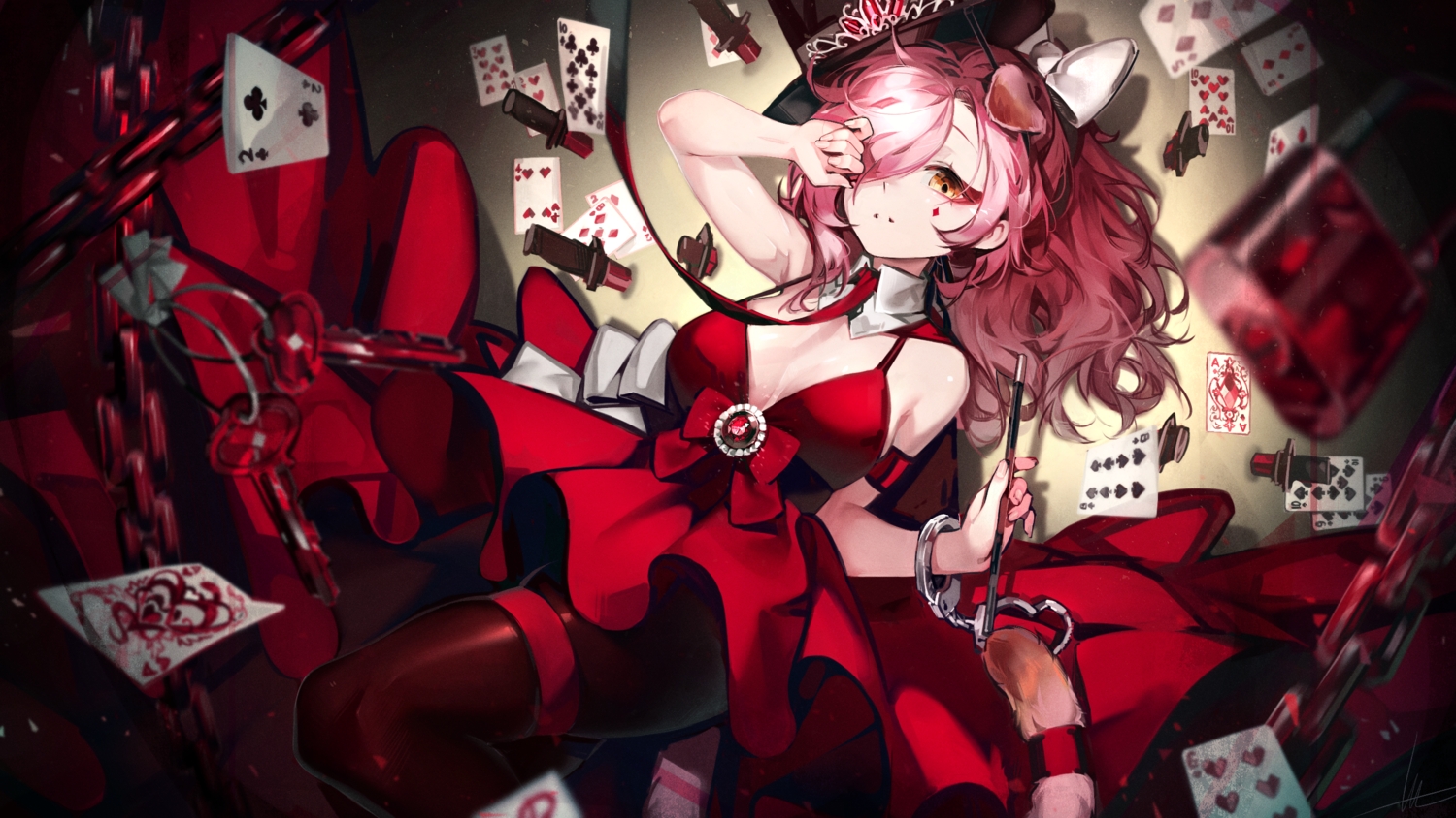 animal_ears, arknights, bow, catgirl, dress, garter, goldenglow_(arknights), knife, libiadan, long_hair, pantyhose, pink_hair, shackles, tail, tiara, wristwear, yellow_eyes