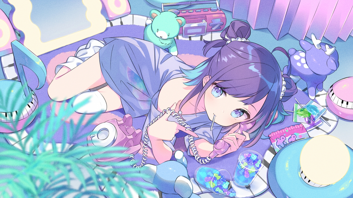 blush, candy, cat_smile, dress, hanayori_jyoshiryou, kiya_machi, kohigashi_hitona, leaves, lollipop, no_bra, phone, purple_eyes, purple_hair, shirt, short_hair, teddy_bear, thighhighs, zettai_ryouiki