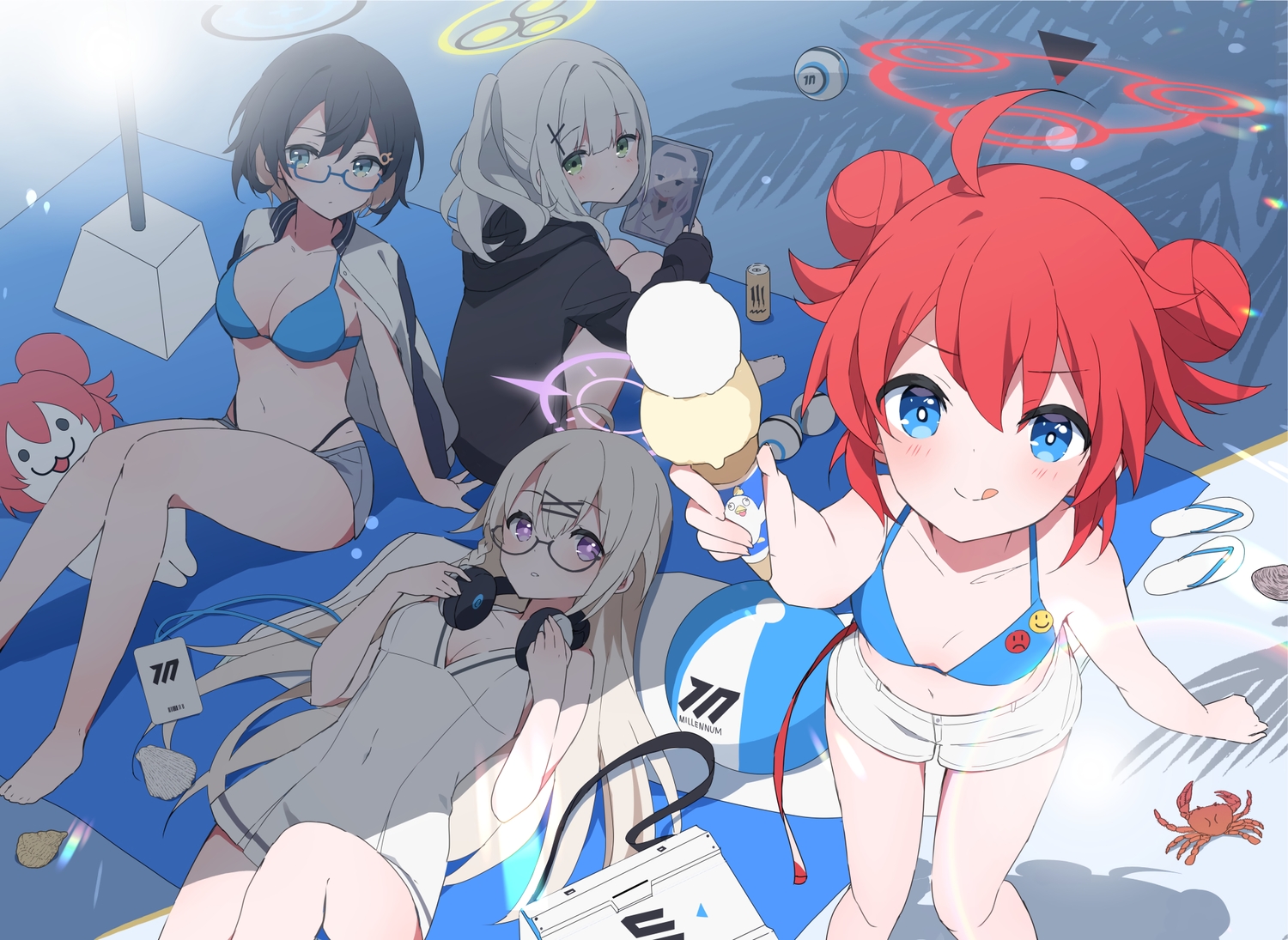 animal, bikini, black_hair, blue_archive, blue_eyes, breasts, cleavage, crab, food, glasses, gray_hair, green_eyes, group, halo, headphones, hood, ice_cream, kagami_chihiro, konuri_maki, long_hair, mochigome_(ununquadium), navel, omagari_hare, otose_kotama, red_hair, shade, short_hair, swimsuit