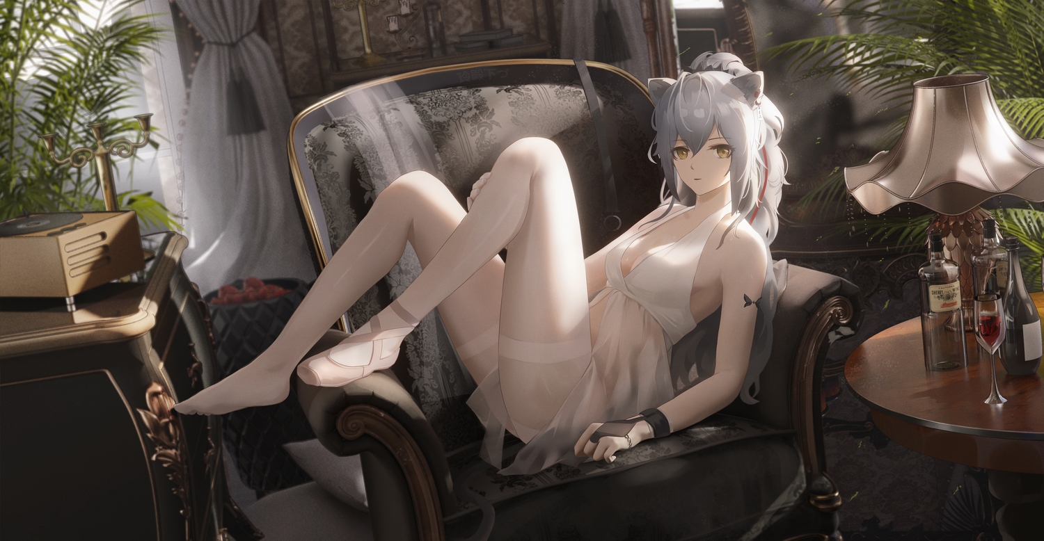 3d, animal_ears, arknights, breasts, catgirl, cleavage, couch, drink