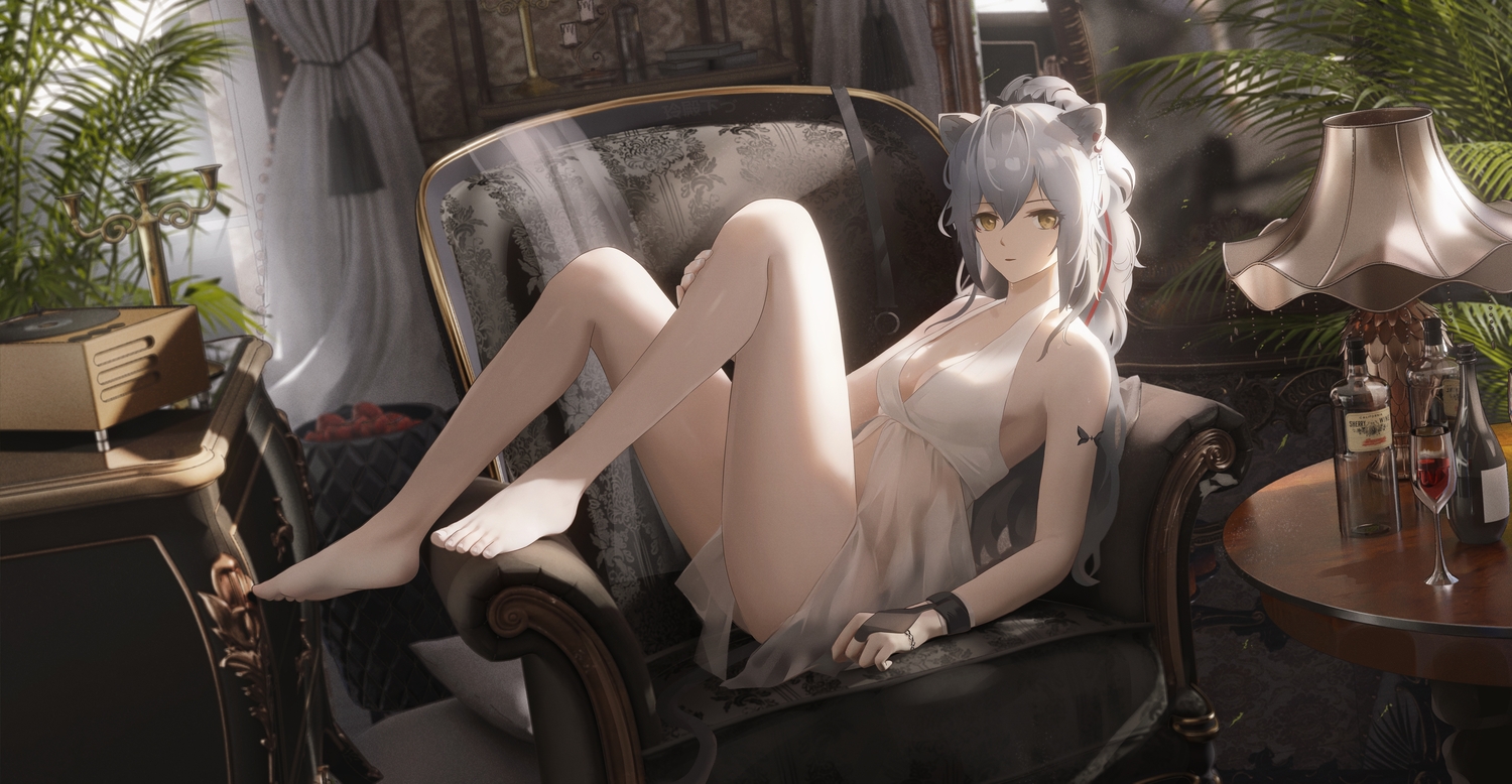 3d, animal_ears, arknights, breasts, catgirl, cleavage, couch, drink, gray_hair, leaves, ling_dianxia, long_hair, ponytail, schwarz_(arknights), see_through, tattoo, yellow_eyes