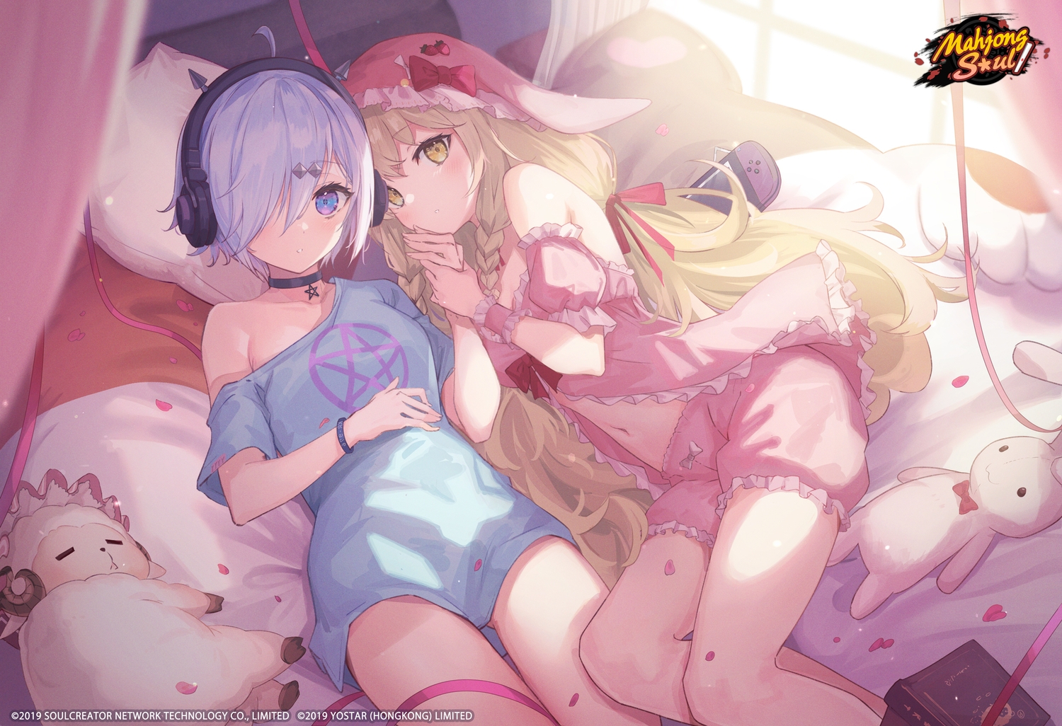 2girls, animal, bed, blonde_hair, book, braids, choker, eliisa_(majsoul), game_console, gray_hair, headphones, kyaroru, logo, long_hair, mahjong_soul, navel, pajamas, ribbons, sheep, short_hair, shorts, shoujo_ai, suzumiya_anju, wristwear, yellow_eyes