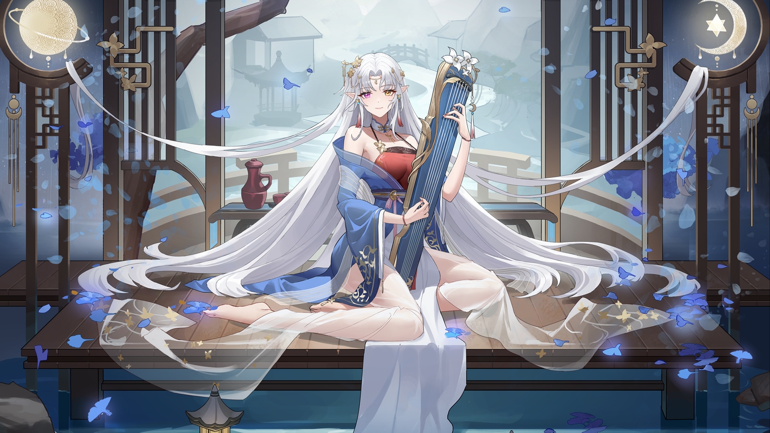 ao_la_xing, barefoot, bicolored_eyes, gray_hair, instrument, long_hair, pointed_ears, purple_eyes, yellow_eyes, zuo600