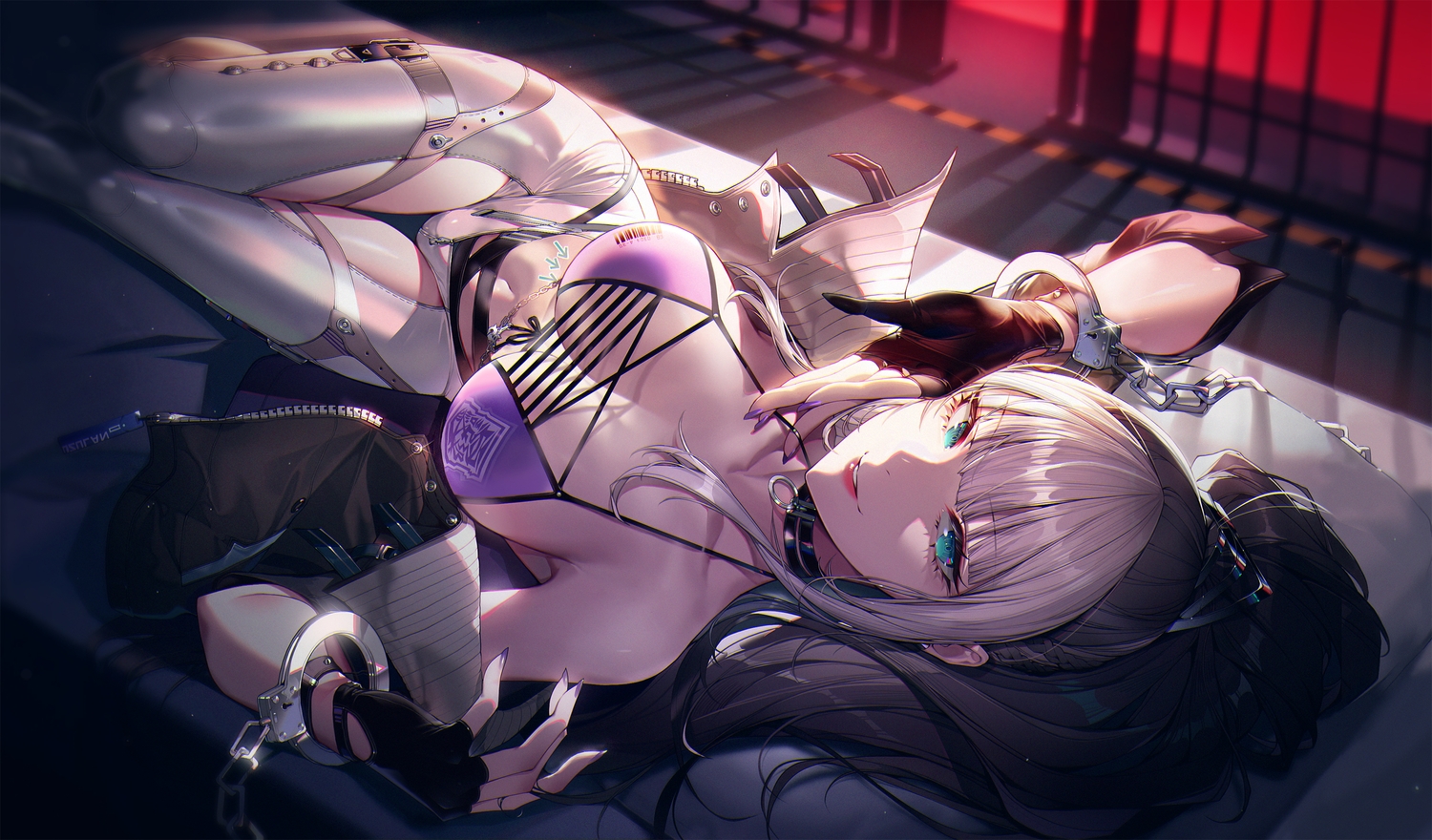 aqua_eyes, bed, bikini_top, calder, collar, gloves, gray_hair, green_eyes