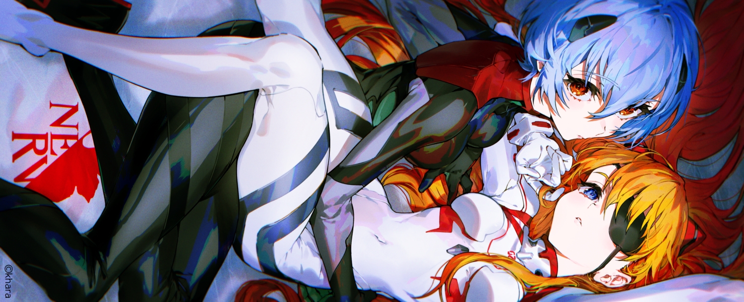 2girls, ayanami_rei, blue_eyes, blue_hair, bodysuit, eyepatch, gloves, long_hair