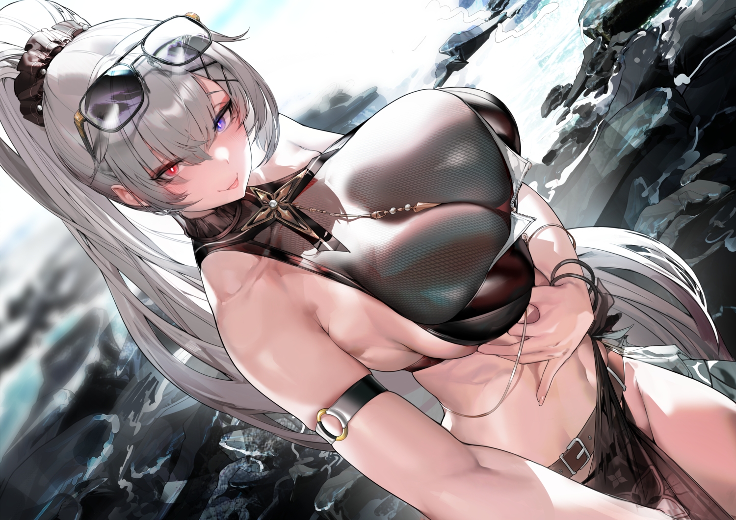 aether_gazer, bicolored_eyes, bikini, breast_hold, breasts, gray_hair, kotachi_(aether_gazer), long_hair, navel, ponytail, purple_eyes, red_eyes, skirt, sunglasses, swimsuit, water, wristwear, xiaoluo_xl