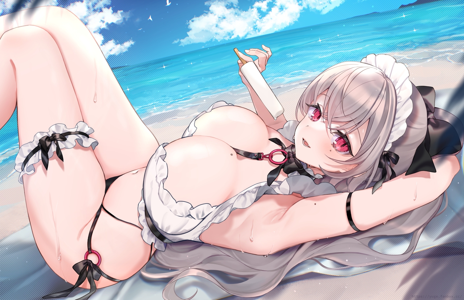 beach, bikini, breasts, cleavage, clouds, food, garter, gray_hair, headband, ice_cream, long_hair, navel, original, popsicle, red_eyes, sky, swimsuit, water, yukimiya_yuge