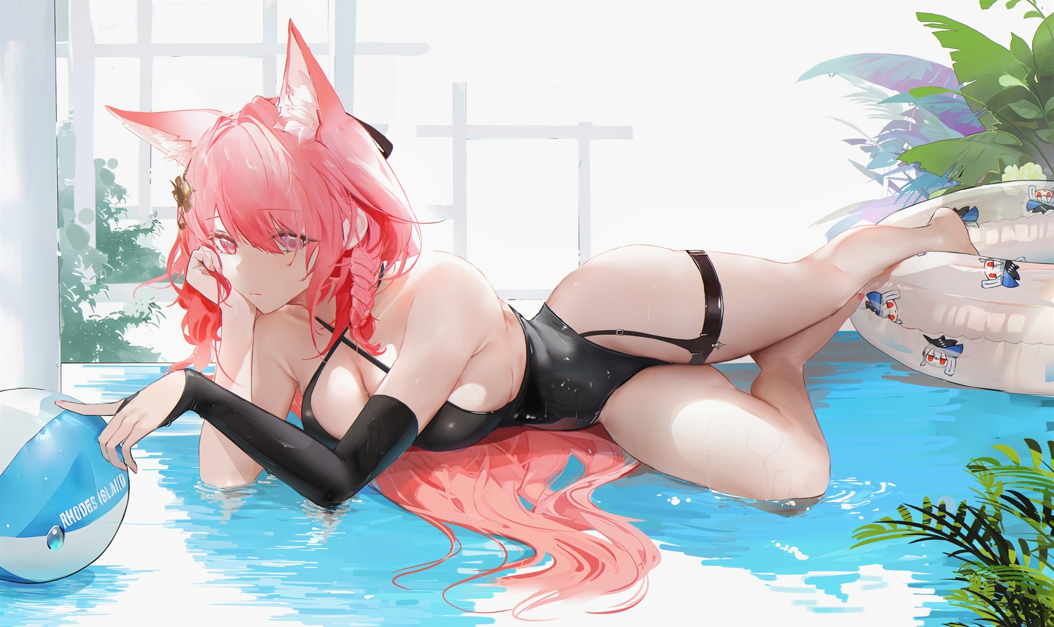 animal_ears, arknights, ball, braids, breasts, cleavage, long_hair, navel, omone_hokoma_agm, pink_eyes, pink_hair, pozyomka_(arknights), swim_ring, swimsuit, water, wet, wolfgirl