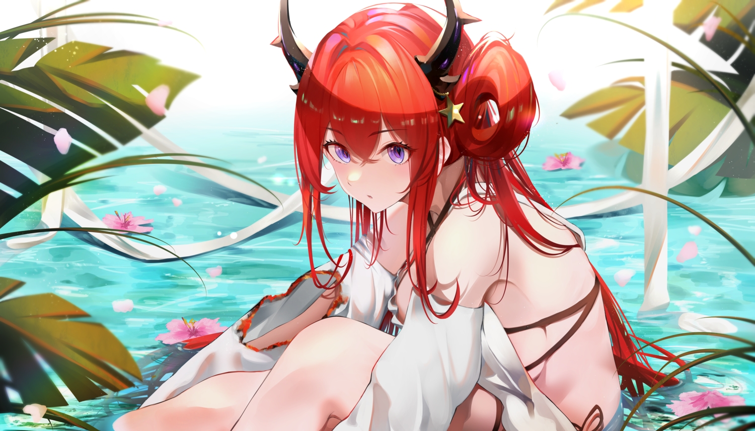 arknights, bikini, breasts, flowers, heimu_(heim_kstr), horns, leaves, long_hair, petals, purple_eyes, red_hair, ribbons, surtr_(arknights), swimsuit, water