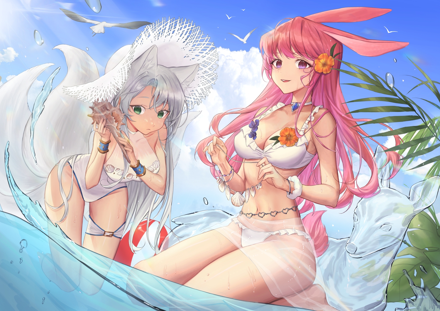 2girls, afk_arena, animal, animal_ears, bikini, bird, breasts, bunny_ears