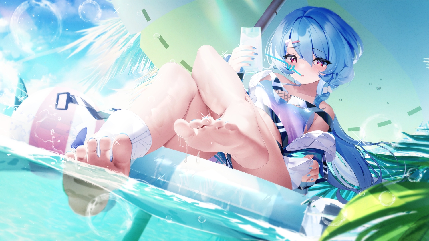 aqua_hair, barefoot, braids, clouds, drink, fantongjun, long_hair, original