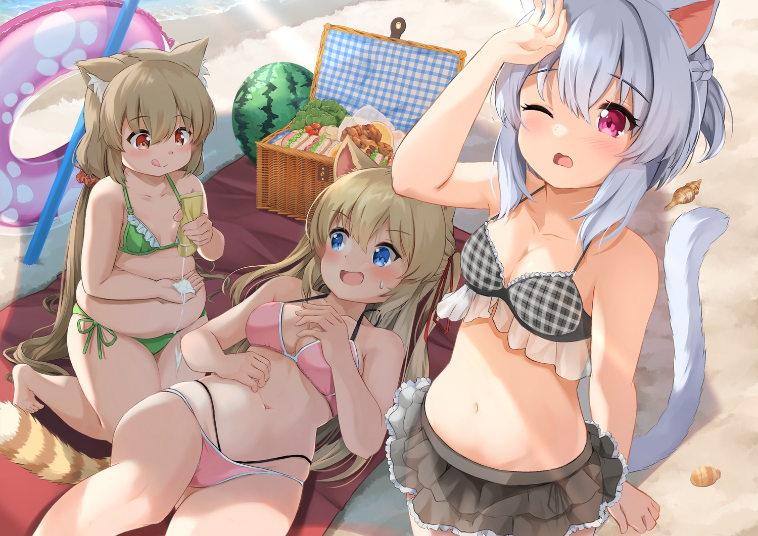 animal_ears, bikini, blonde_hair, blue_eyes, blush, breasts, brown_hair, catgirl