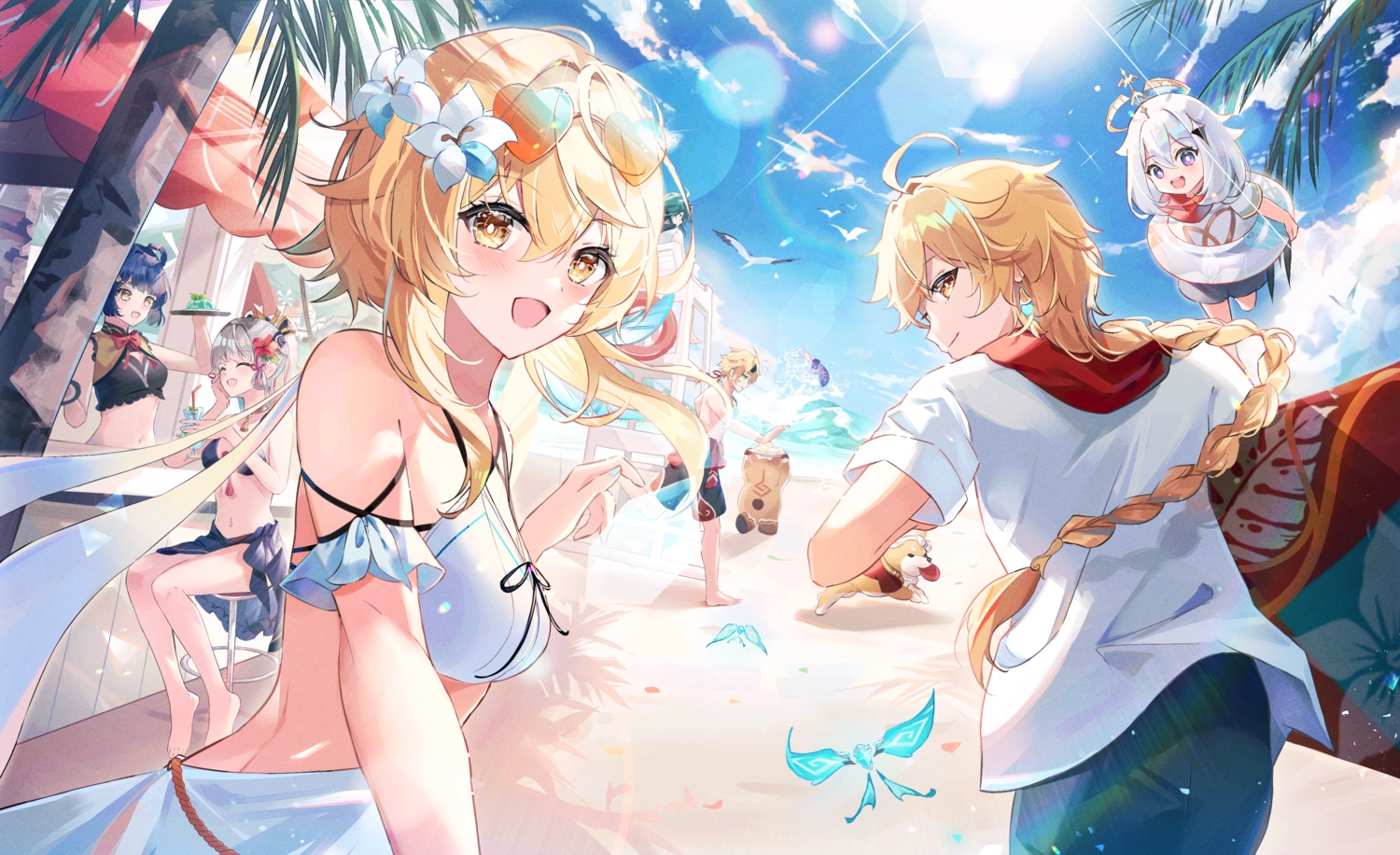 animal, beach, bird, blonde_hair, blush, braids, clouds, genshin_impact, gray_hair, group, kamisato_ayaka, kamisato_ayato, lumine_(genshin_impact), male, paimon_(genshin_impact), ponytail, short_hair, sky, starlight_crystalz, thoma_(genshin_impact), water, xiangling_(genshin_impact), yellow_eyes