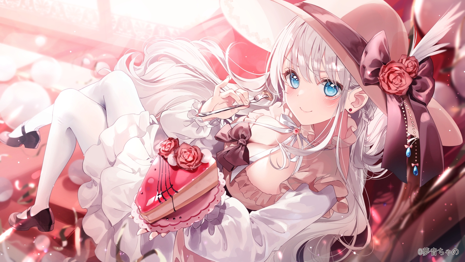 a20_(atsumaru), bow, breasts, cake, cleavage, dress, flowers, food