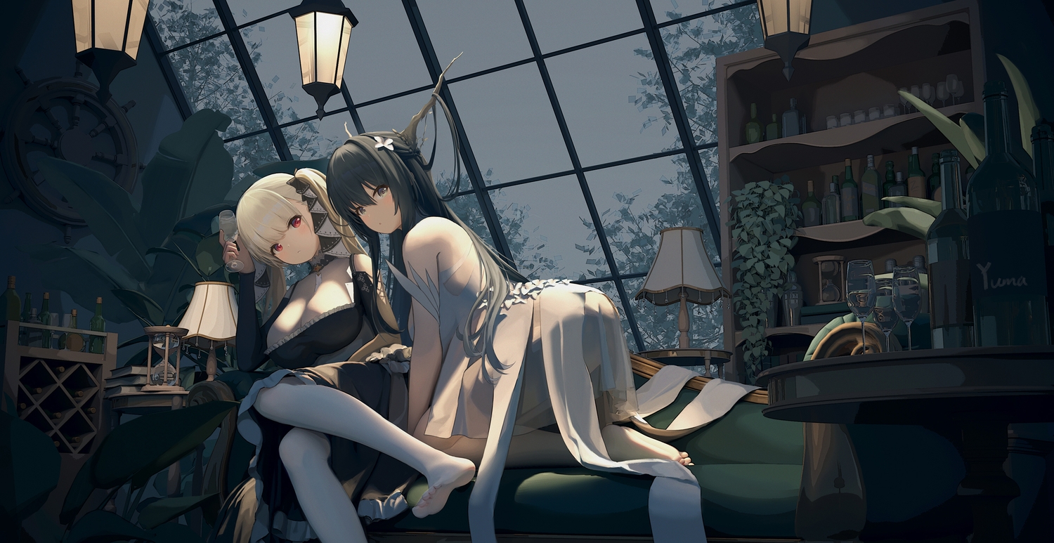 2girls, anthropomorphism, azur_lane, black_hair, breasts, brown_eyes, cleavage, couch, formidable_(azur_lane), goth-loli, gray_hair, horns, indomitable_(azur_lane), lolita_fashion, long_hair, pantyhose, red_eyes, twintails, yuma_(594986561)