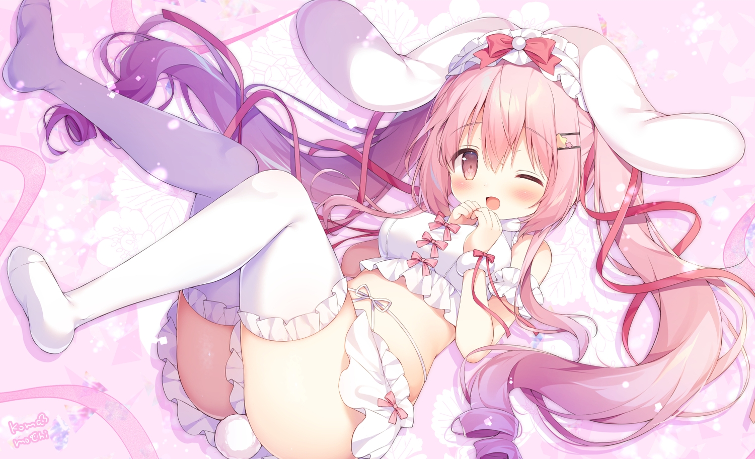 animal_ears, blush, bow, breast_hold, bunny_ears, bunnygirl, headdress, koma_momozu