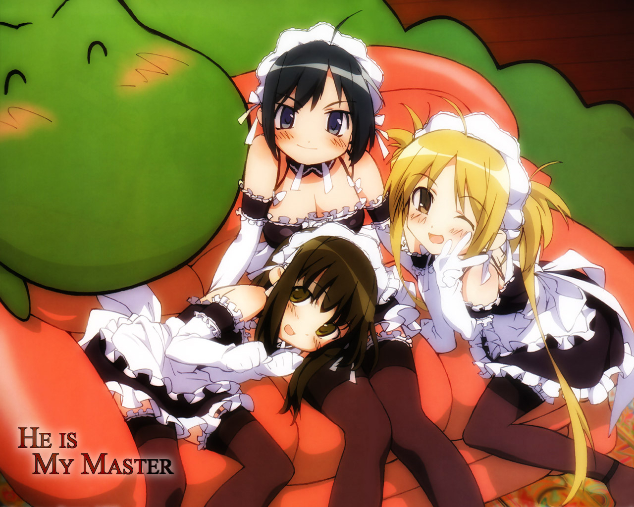 black_hair, blonde_hair, blue_eyes, bow, breasts, brown_eyes, brown_hair, cleavage