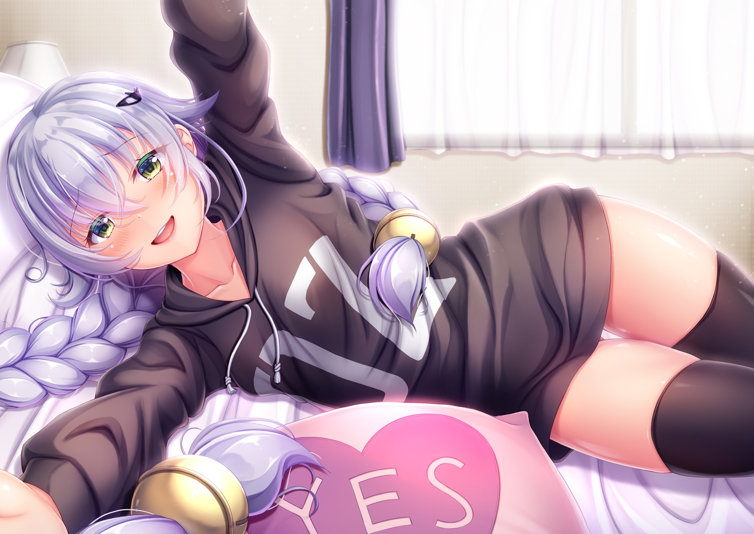 altina_orion, bed, bell, blush, braids, cat_smile, gray_hair, green_eyes