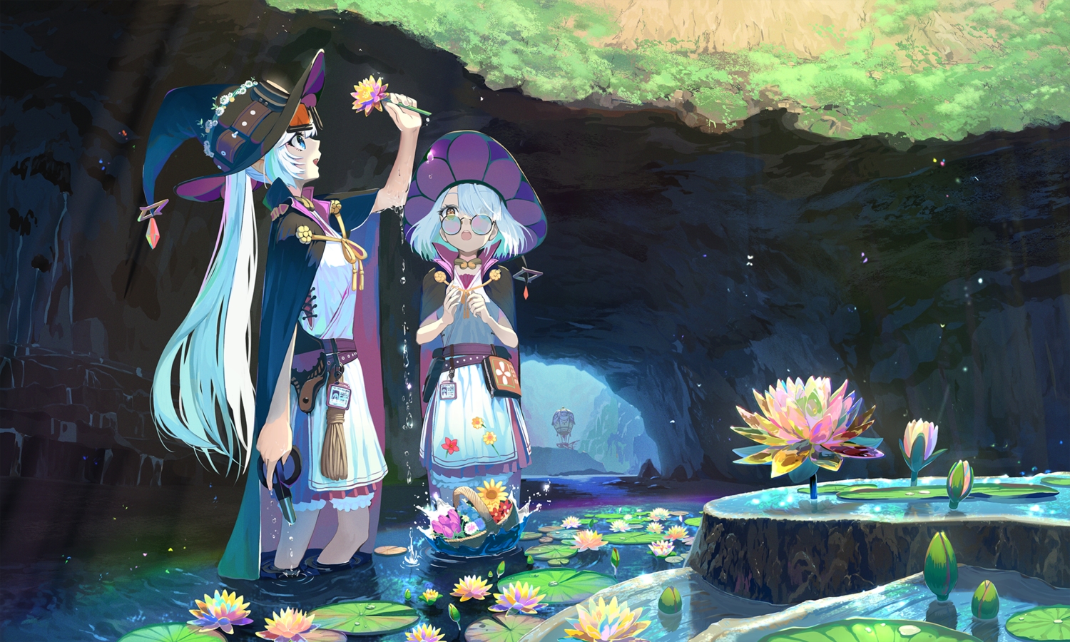 2girls, blue_eyes, flowers, glasses, hat, long_hair, original, pi_(p77777778)